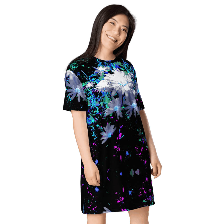 Abstract Neon Daisy Flowers Ladies T Shirt Dress product image (6)
