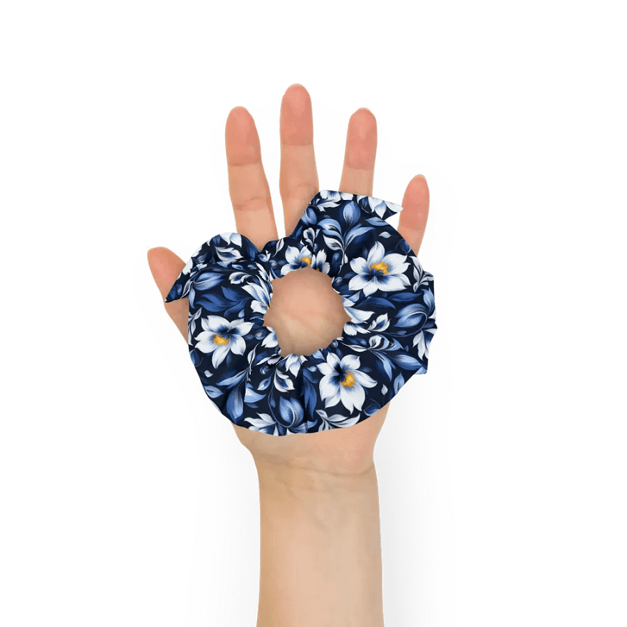 Hair Scrunchie - Floral Pattern in Blue and White on a Dark Blue Background product image (7)