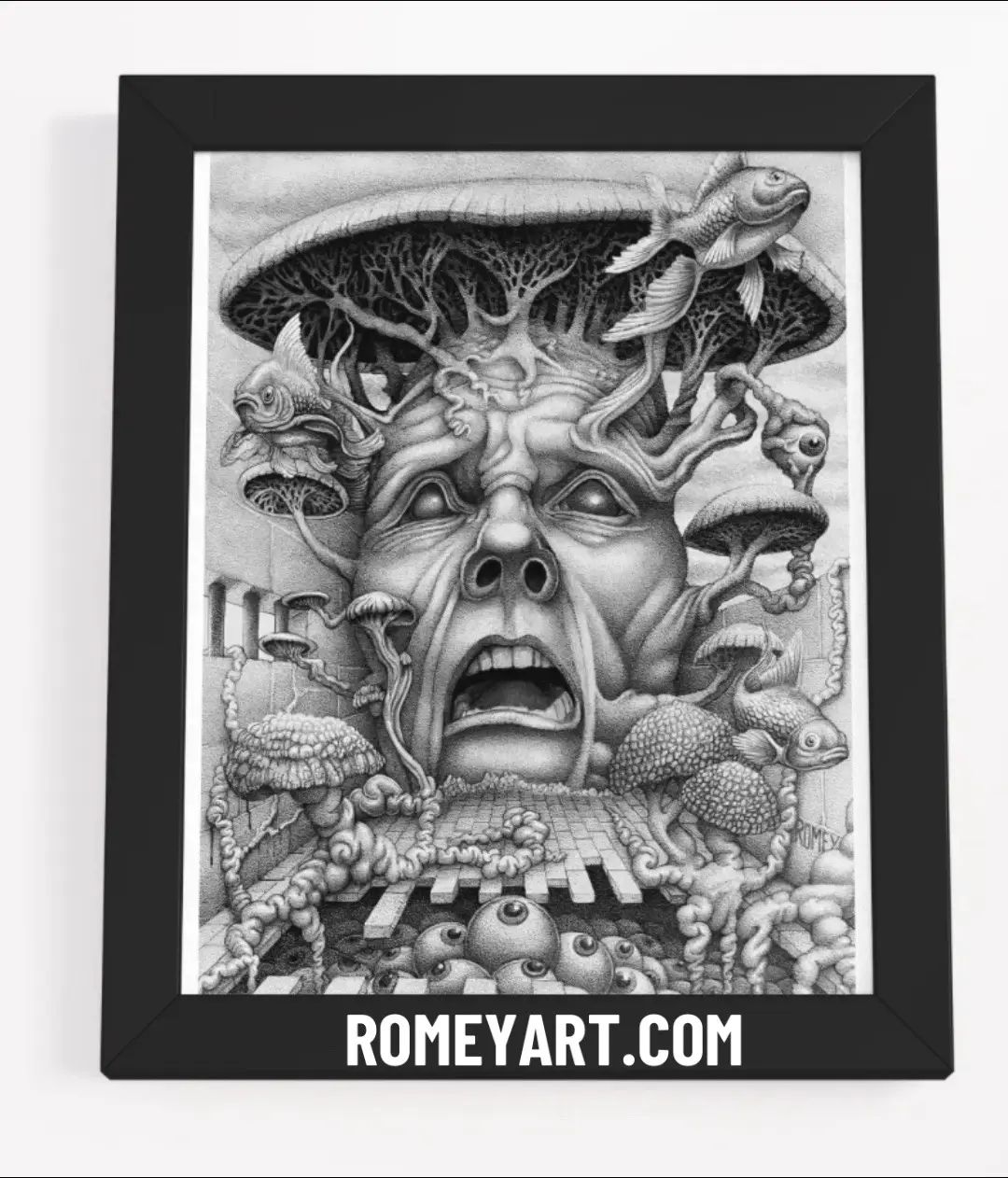 Get my newest piece EGO DEATH as a print, shirt, phone case etc on ROMEYART.COM right now!!! #art #ink #drawing #stippling #pointillism #surrealart #psychedelic #tattooart #fantasyart 
