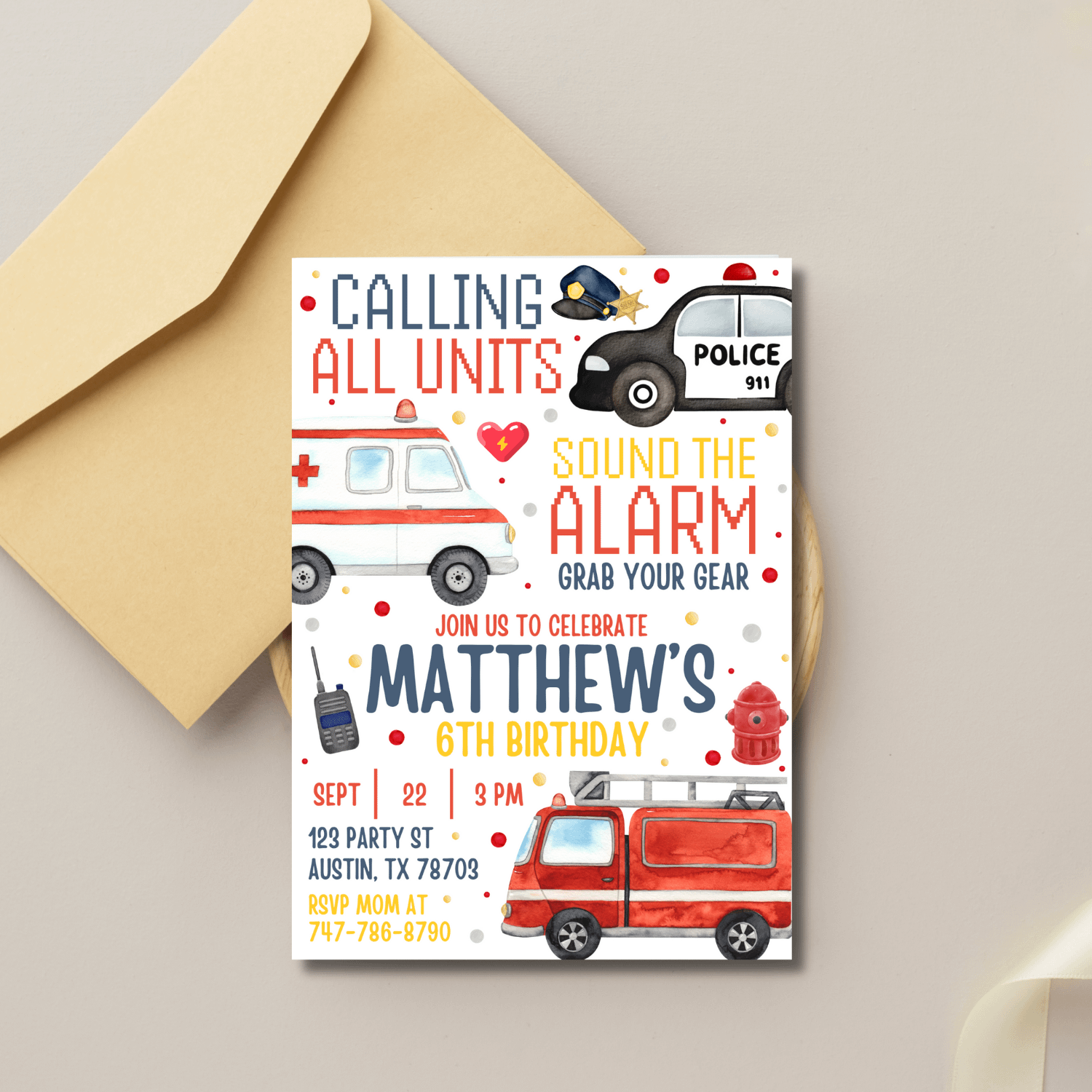 Police & Emergency Vehicle Birthday Invitation Template – Canva Editable 6th Birthday Invite product image (3)