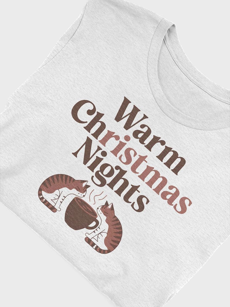 “Warm Christmas Nights” t-shirt, holiday spirit apparel, cozy winter evenings shirt, serene cats illustration, steaming mug graphic, holiday gatherings outfit, Christmas gift idea, winter season shirt product image (5)
