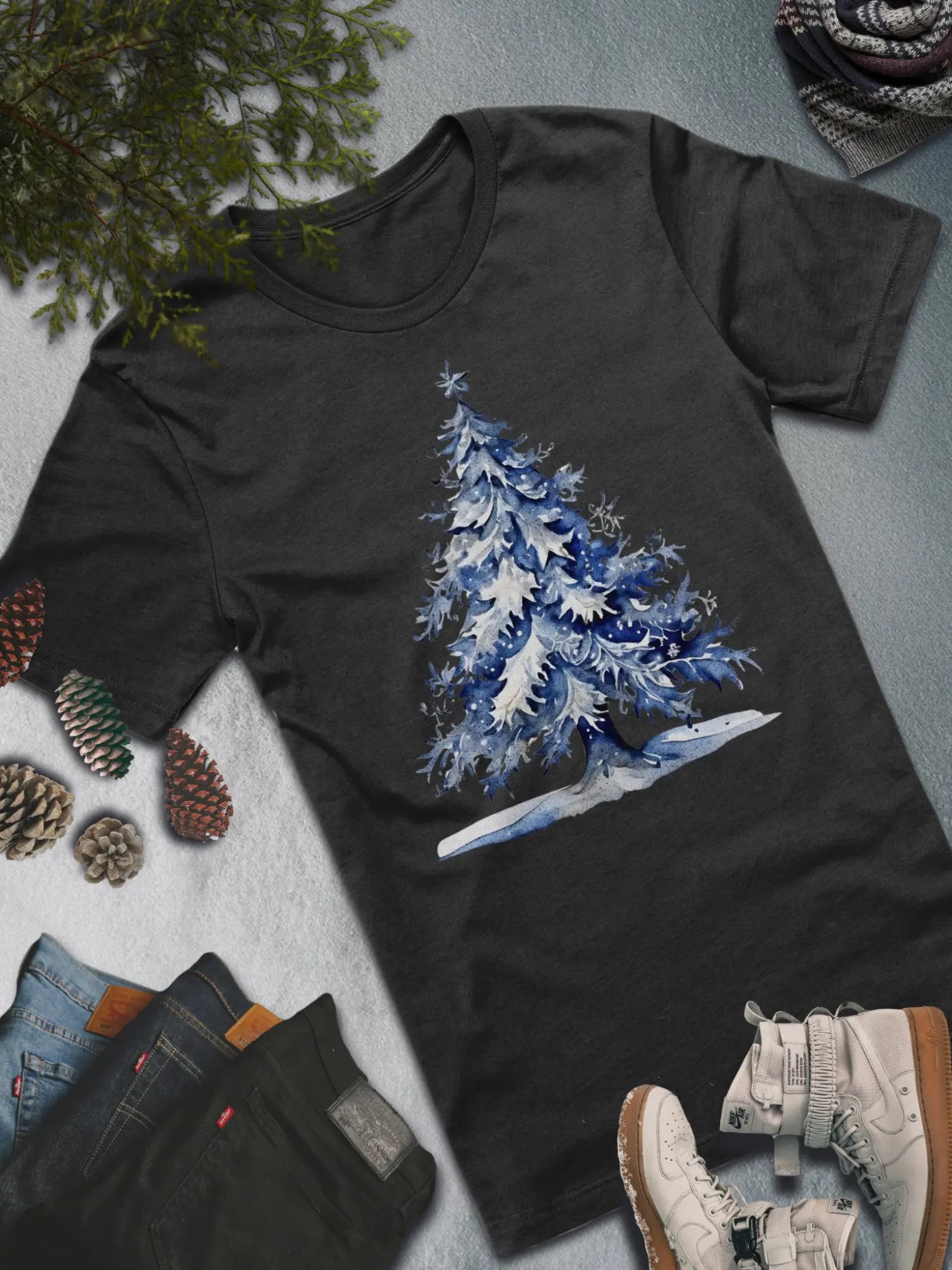 Blue Snowy Christmas Tree T-Shirt – Elegant Winter Holiday Style product image (2)