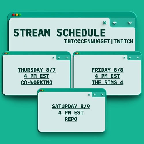 have a schedule! (i totally didn't forget to do this last week)

#twitch #twitchstreamer #smallstreamers #thesims4 #repogame