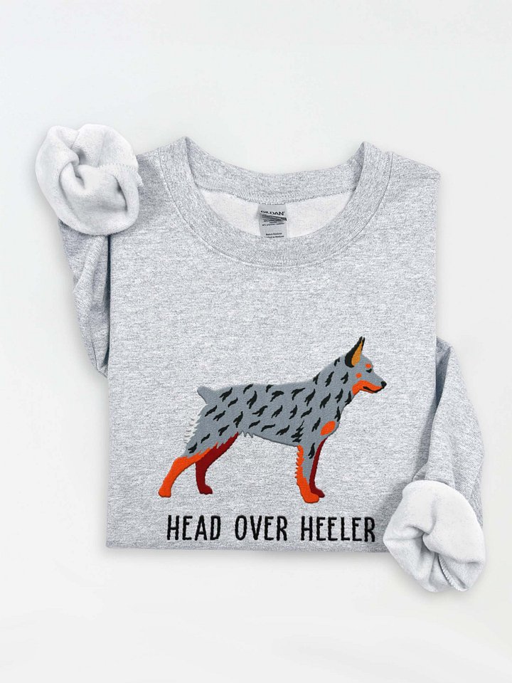 Head Over Heeler Sweatshirt (Embroidered) of an Australian Cattle Dog(Blue Heeler 2, Docked Tail) product image (1)