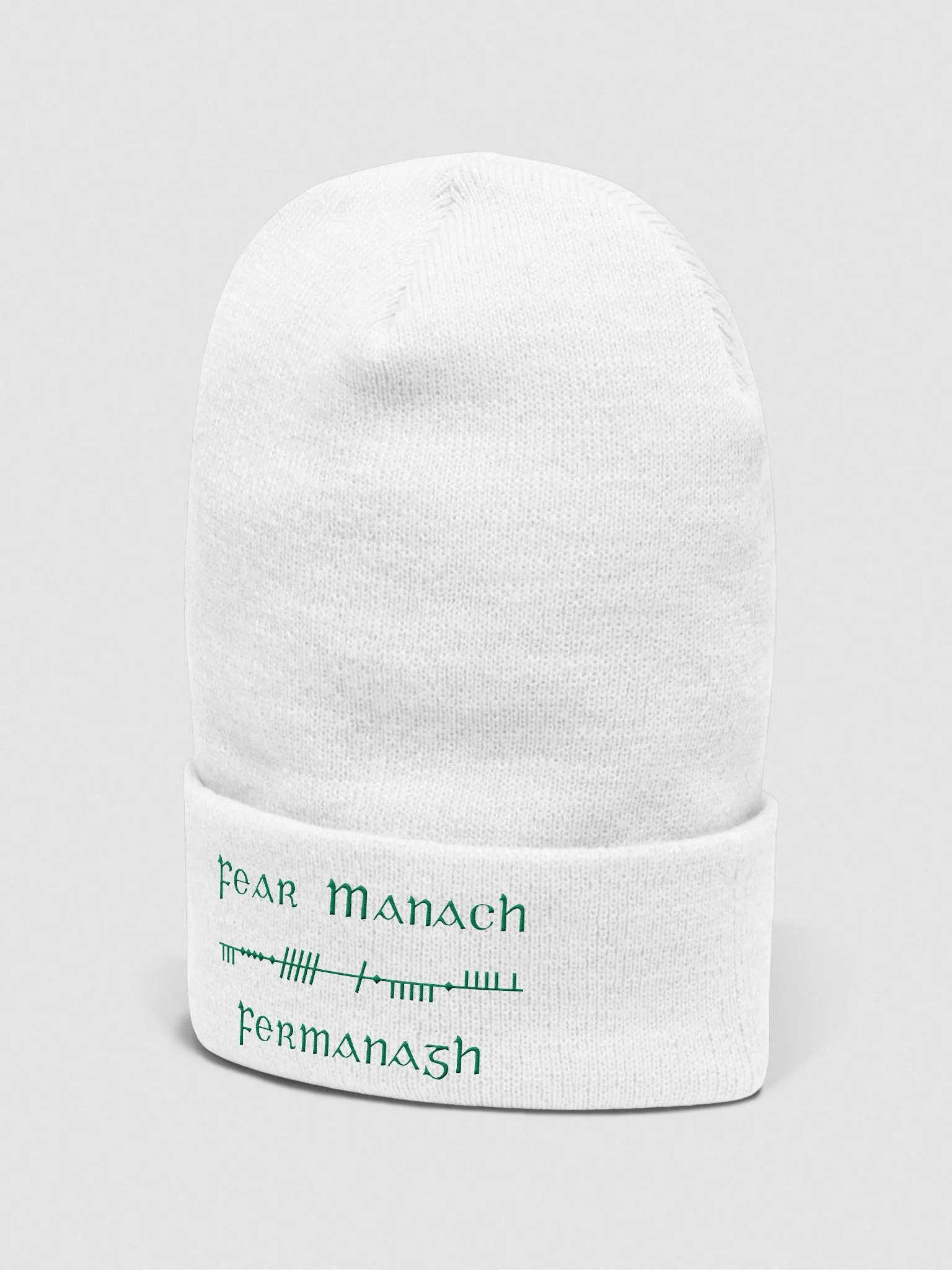 Fermanagh/Fear Manach, White with Green, Scholastic Style Ogham embroidered Cuffed Beanie product image (2)