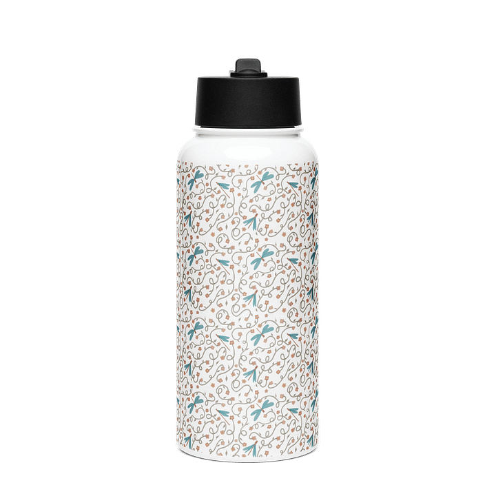 Stainless steel water bottle with straw lid. Dragonfly and floral artistic design product image (1)