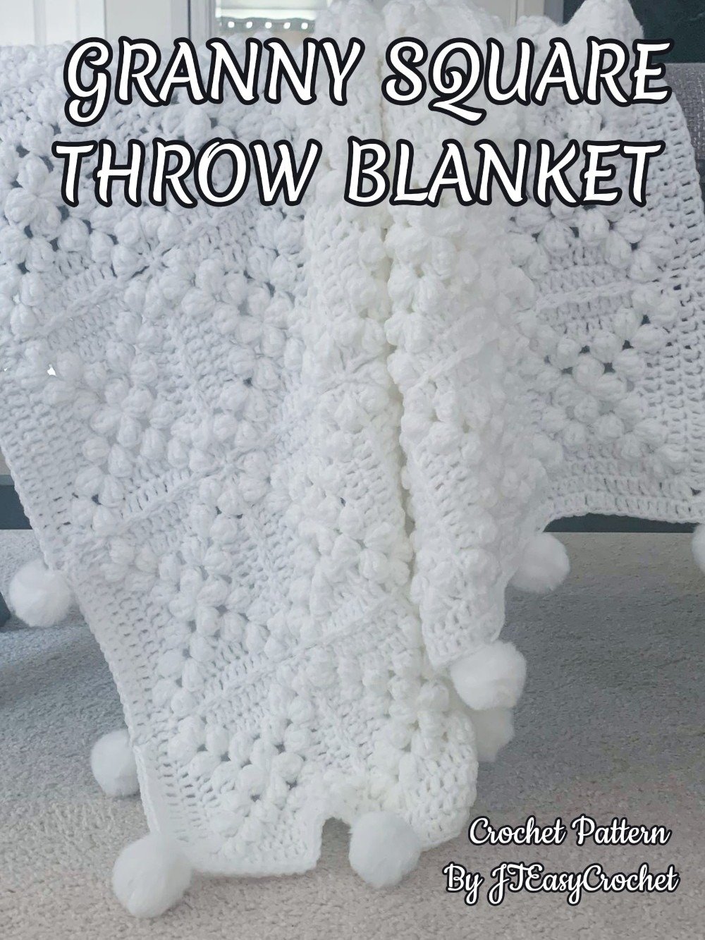 Granny Square Blanket With Poms, Easy Crochet Pattern & VIDEO, Textured Crochet Throw Home Decor, Baby Gift product image (10)