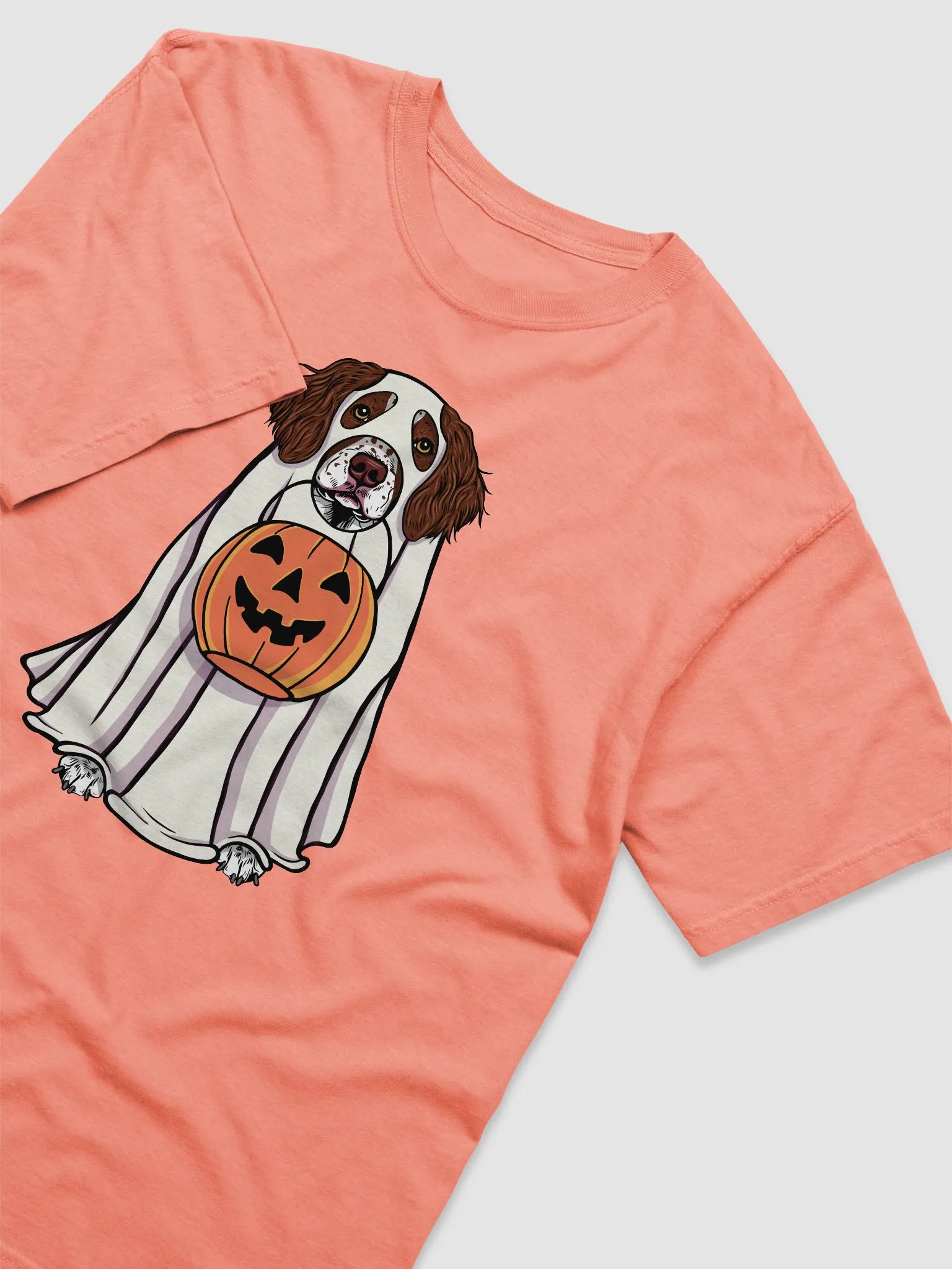 Funny Halloween Brittany Spaniel(Liver) T-Shirt | Funny Brittany Spaniel Wearing a Ghost Costume and Holding a Pumpkin Basket product image (25)