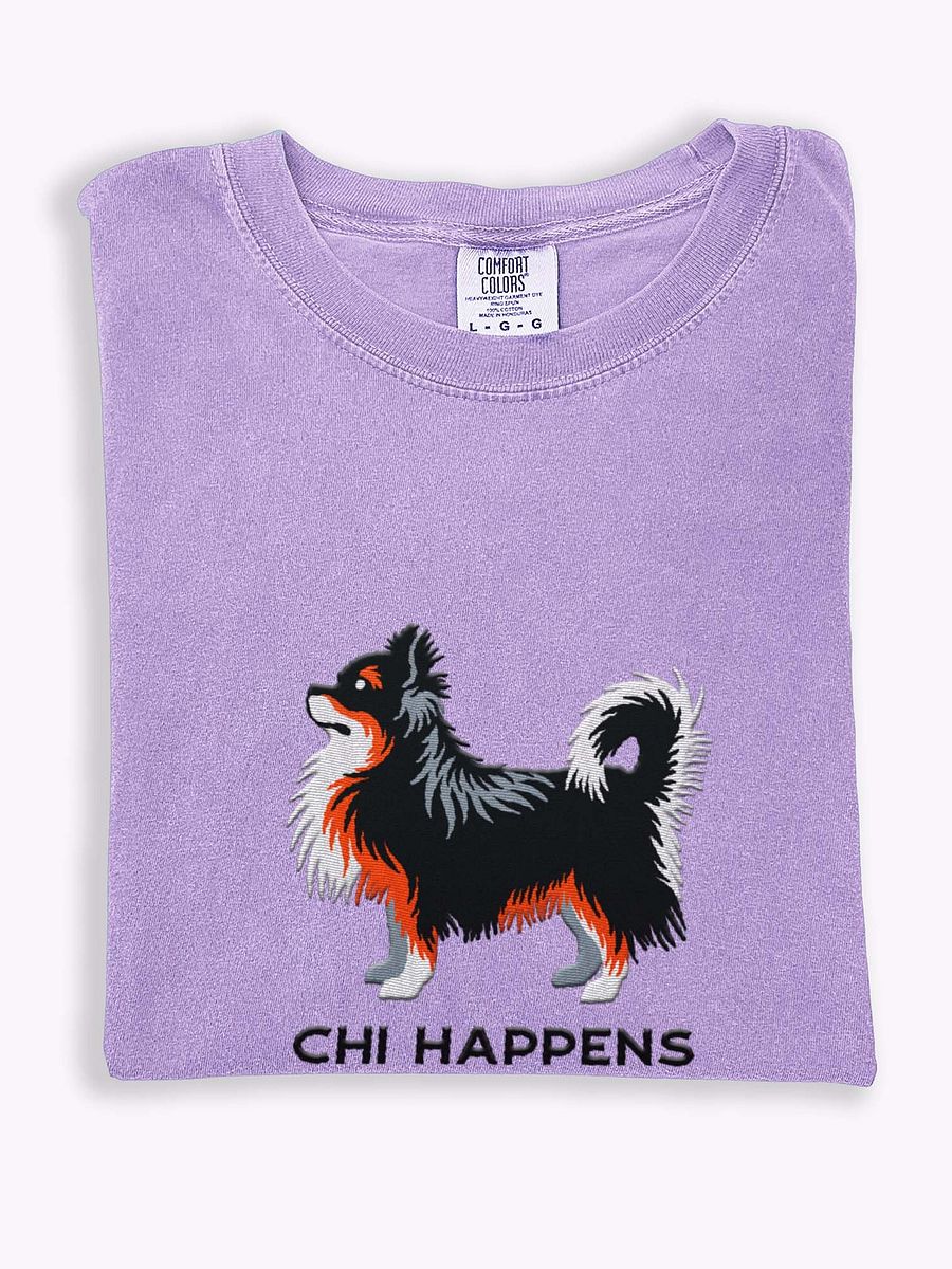 Chi Happens T-Shirt(Embroidered) of a Longhaired Chihuahua(Tricolor) product image (1)
