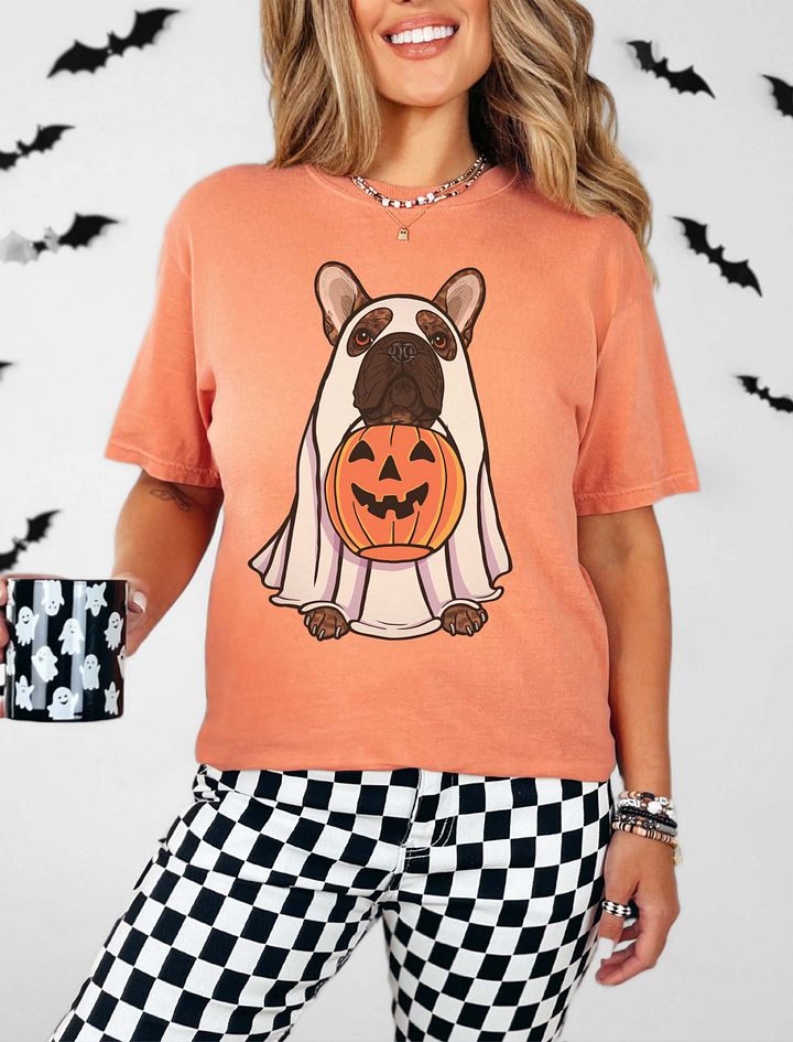 Funny Halloween French Bulldog(Brindle) T-Shirt | Funny Frenchie Wearing a Ghost Costume and Holding a Pumpkin Basket product image (19)
