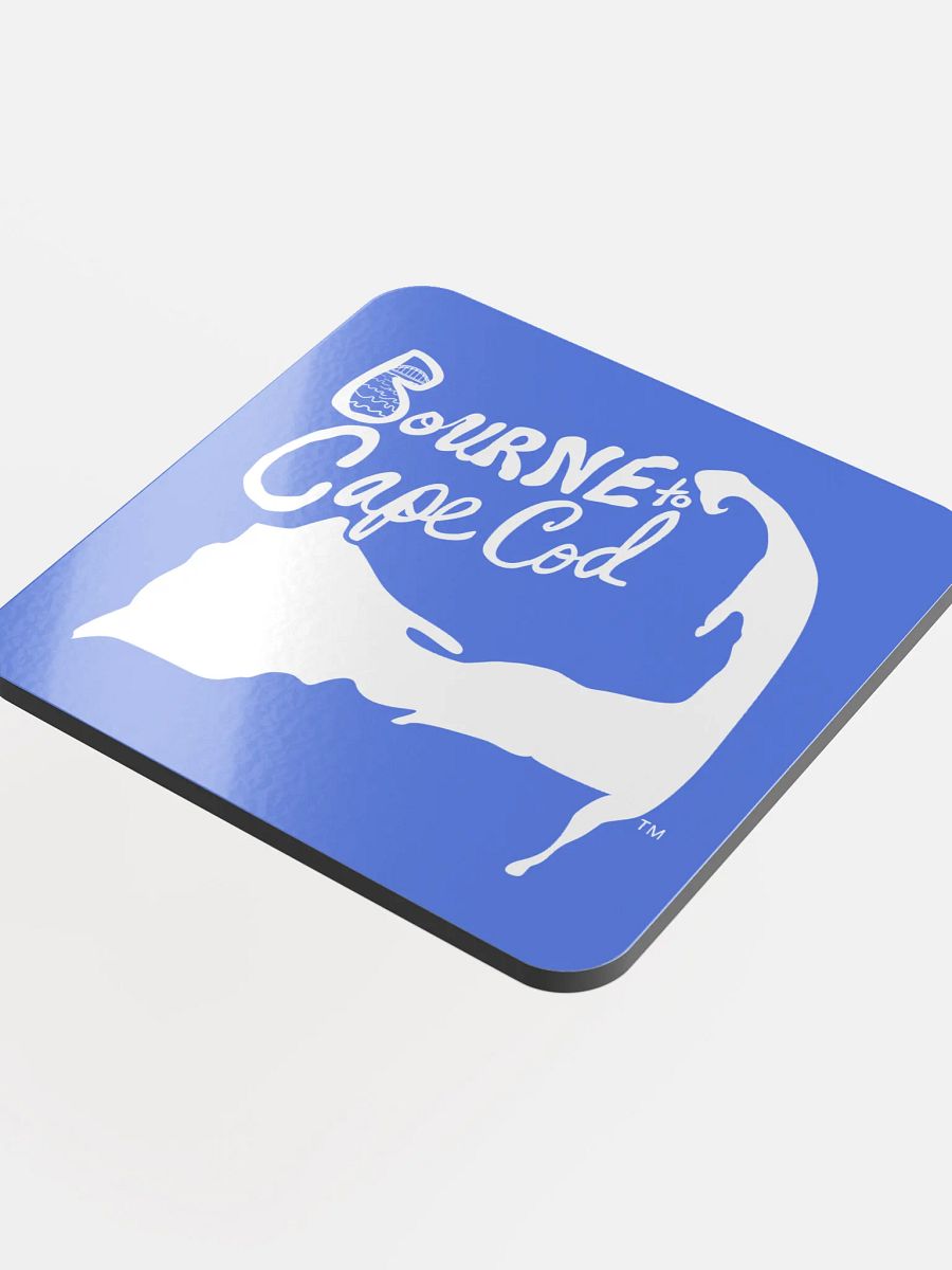 BOURNE to Cape Cod™ | Coastal Coaster | Glossed Cork | Eco-Friendly | Minimalist Coastal Decor | 3.74" Square | White Logo on Royal Blue product image (4)