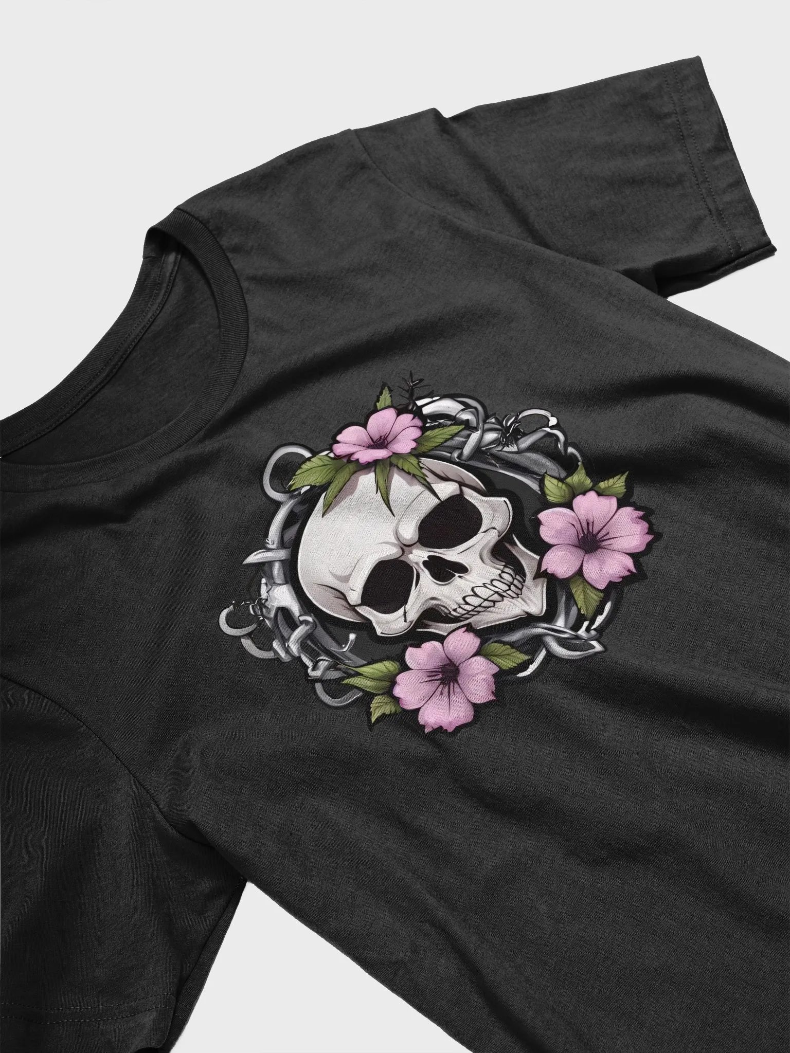 Skull with Pink Flowers and Chains T-shirt product image (2)