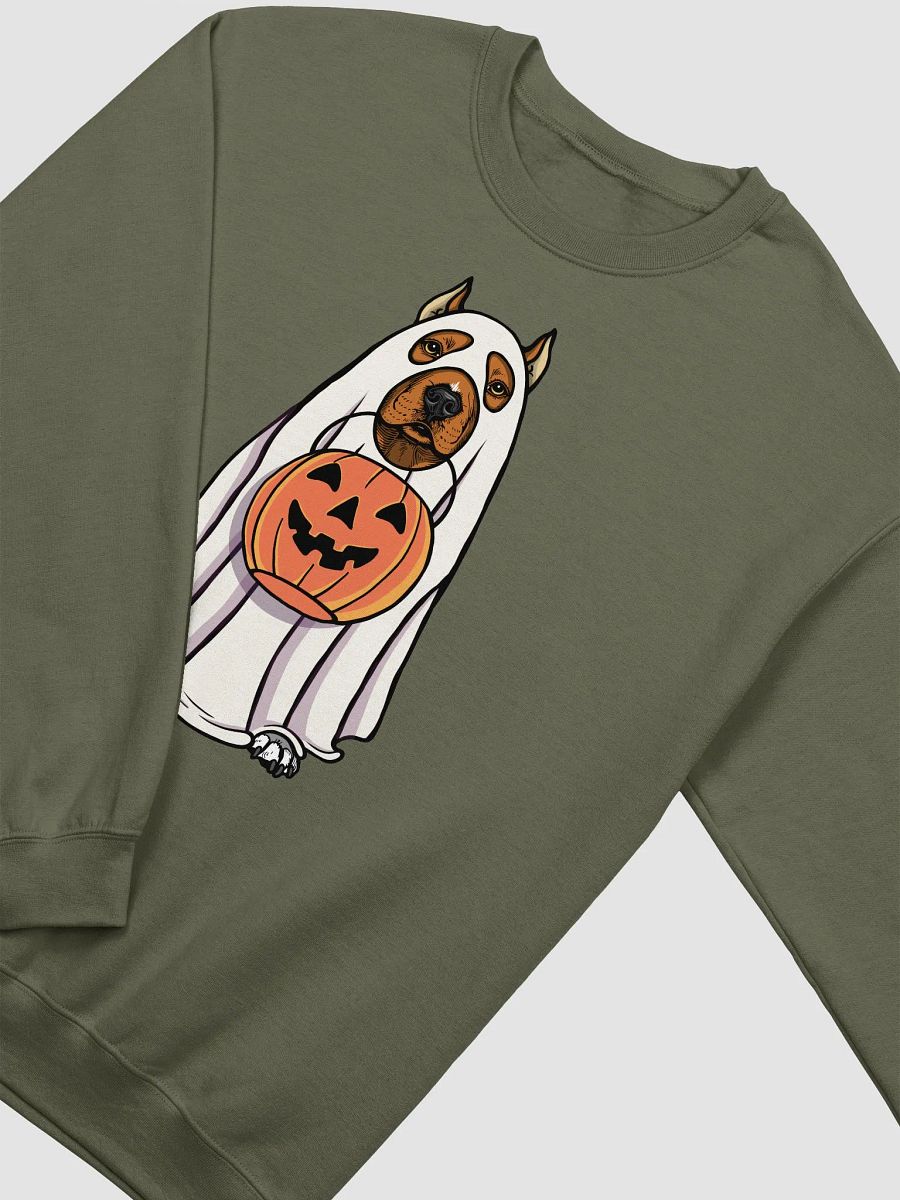 Funny Halloween Pitbull Terrier(Cropped Ears, Red) Sweatshirt | Funny Pittie Wearing a Ghost Costume and Holding a Pumpkin Basket product image (18)