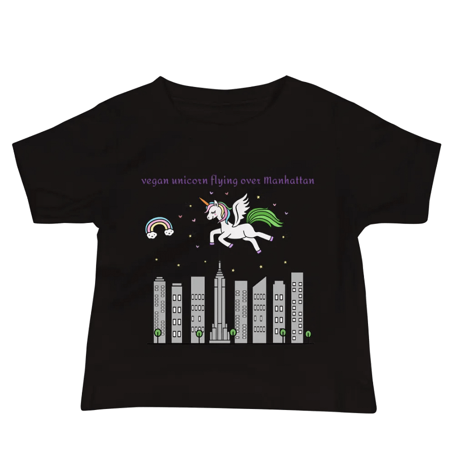 “Vegan Unicorn Flying Over Manhattan” Black T-Shirt for Kids product image (3)