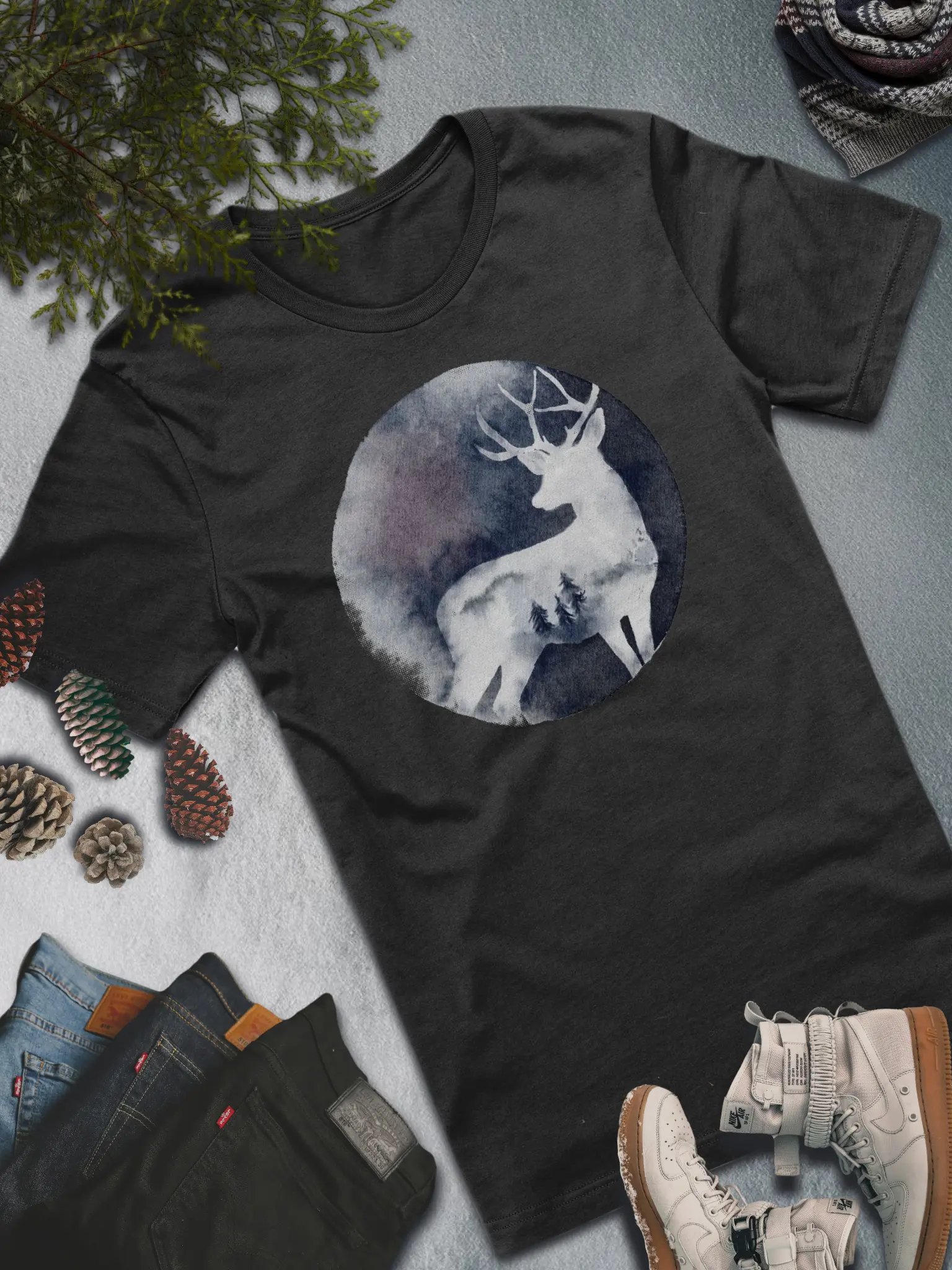 Winter Deer Silhouette T-Shirt – Elegant Nature-Inspired Fashion product image (1)