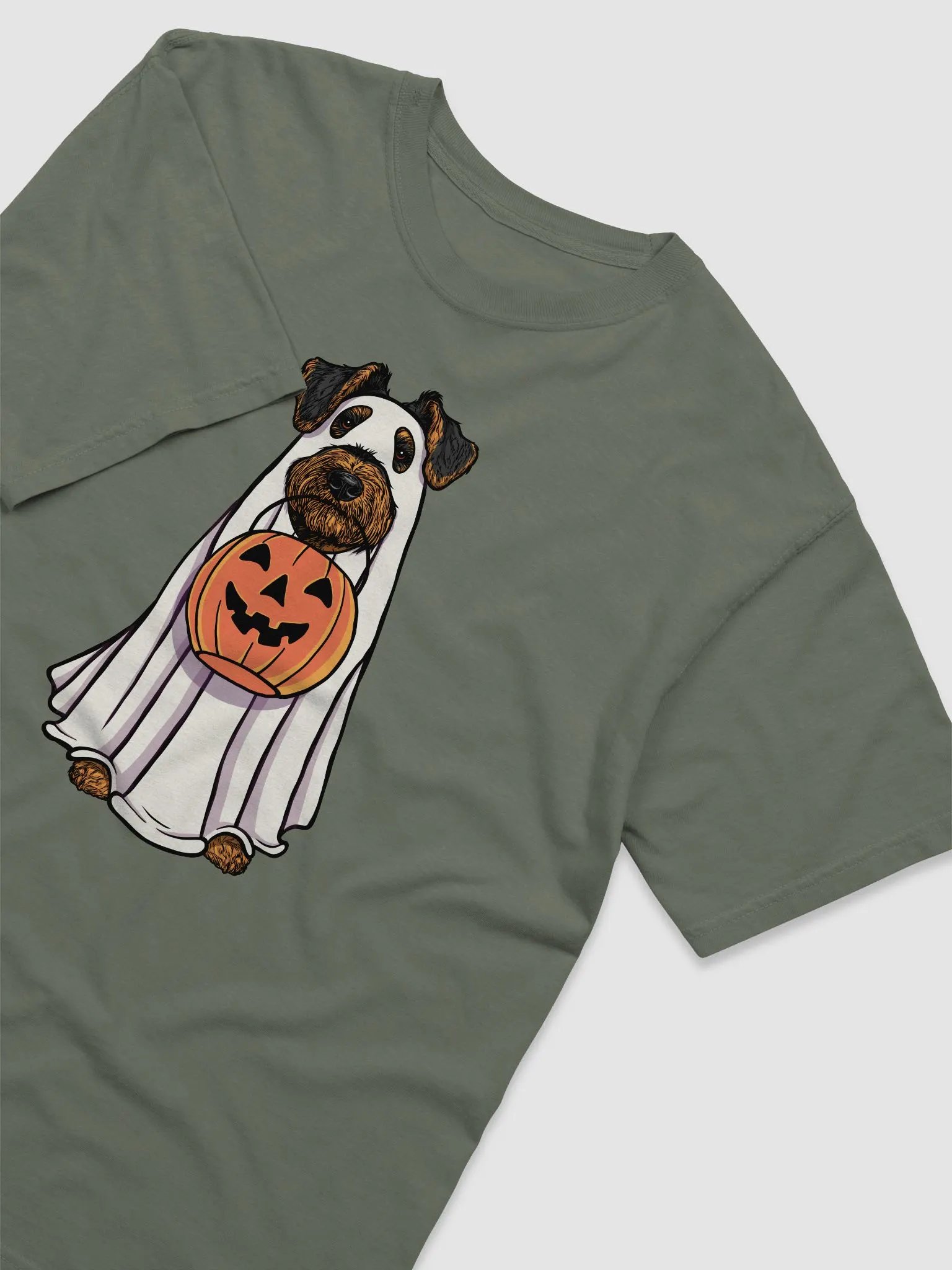Funny Halloween Airedale Terrier(Black & Tan) T-Shirt | Funny Airedale Wearing a Ghost Costume and Holding a Pumpkin Basket product image (10)