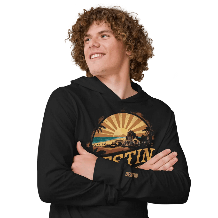 Retro Coastal Destin Sunset Long Sleeve Hooded Tee product image (12)