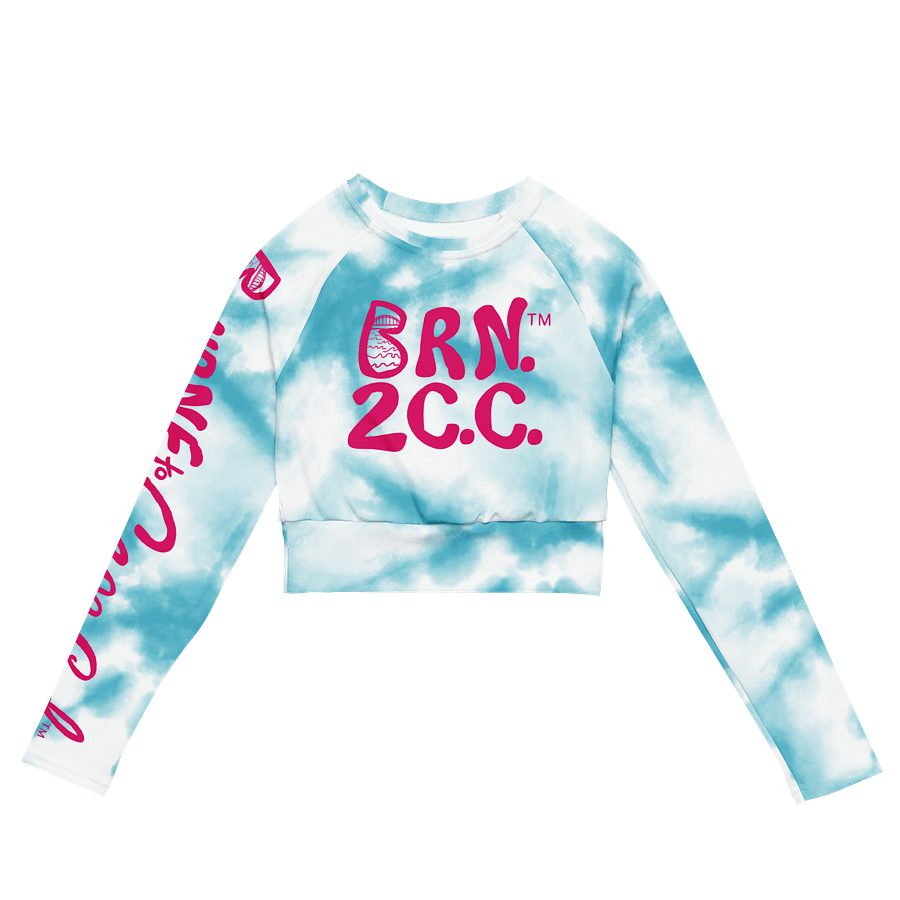 BOURNE to Cape Cod™ Crop Top | BRN.2C.C.™ Coastal Bold | Recycled Long Sleeve Statement Wear 🌊💃☀️ | Vibrant Pink Logos on Blue Tie-Dye product image (3)