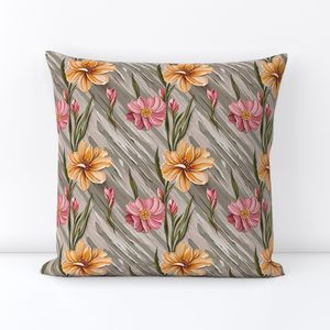 Seamless Pattern - Painted Flowers in Shades of Yellow and Pink on a Textured Khaki Background product image (5)