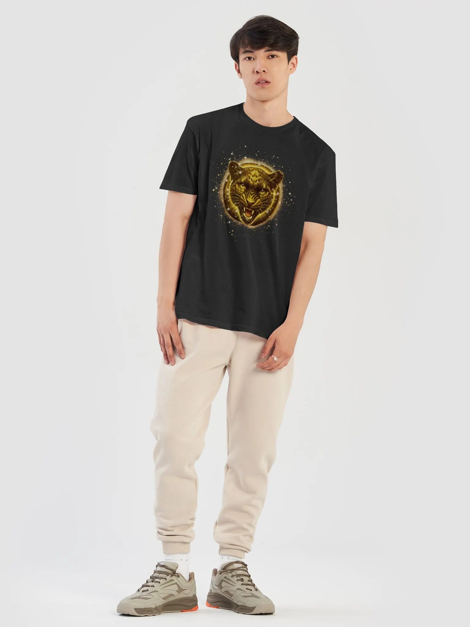 Glitter Gold Black jaguar Badge Design (Unisex Black T-Shirt) product image (7)