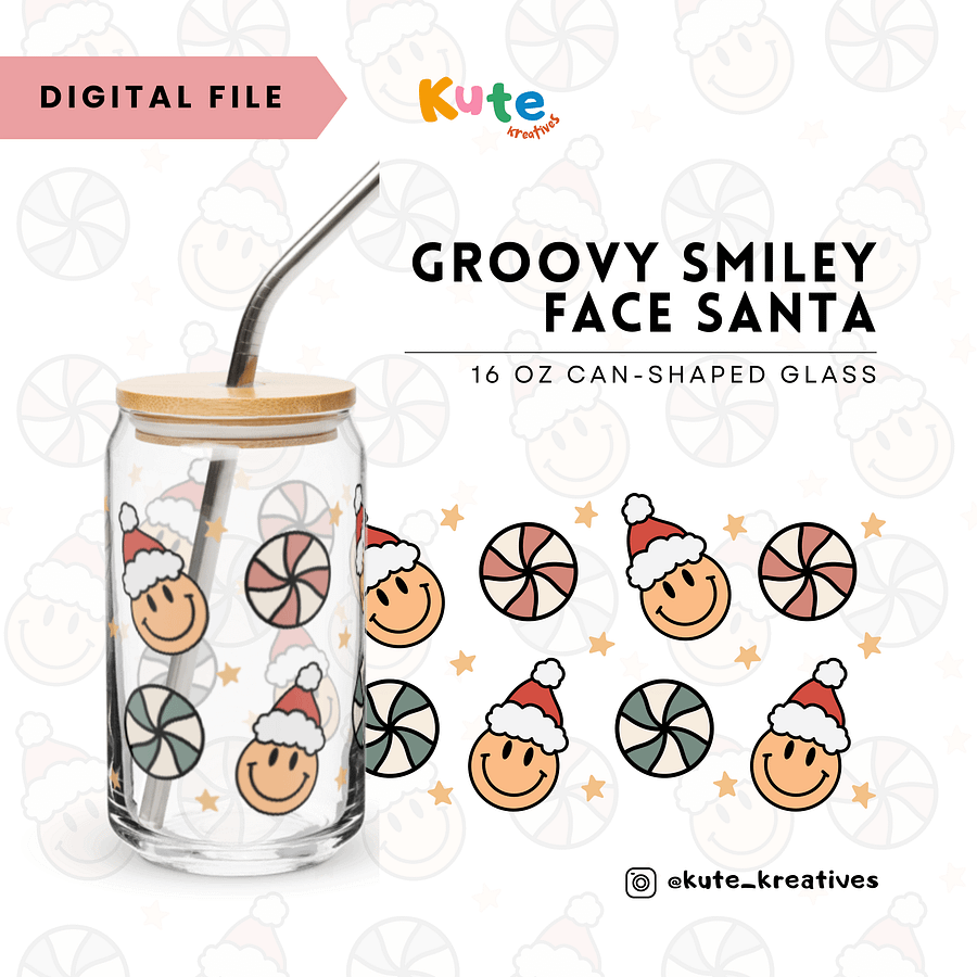 [Digital File] 16oz Can-Shaped Glass Wrap PNG | Groovy Smiley Face Santa product image (1)