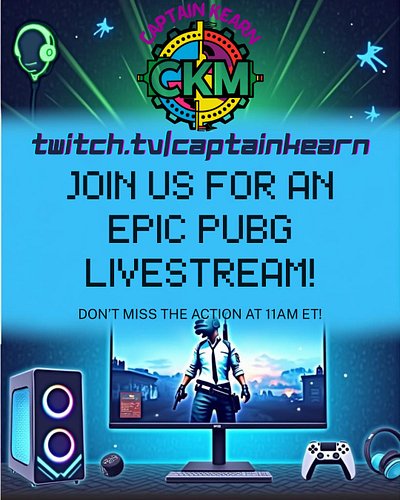 Join me at 11AM EST twitch.tv/captainkearn
Please like and Share!
#pubg #gamerlife #maker #captainkearn