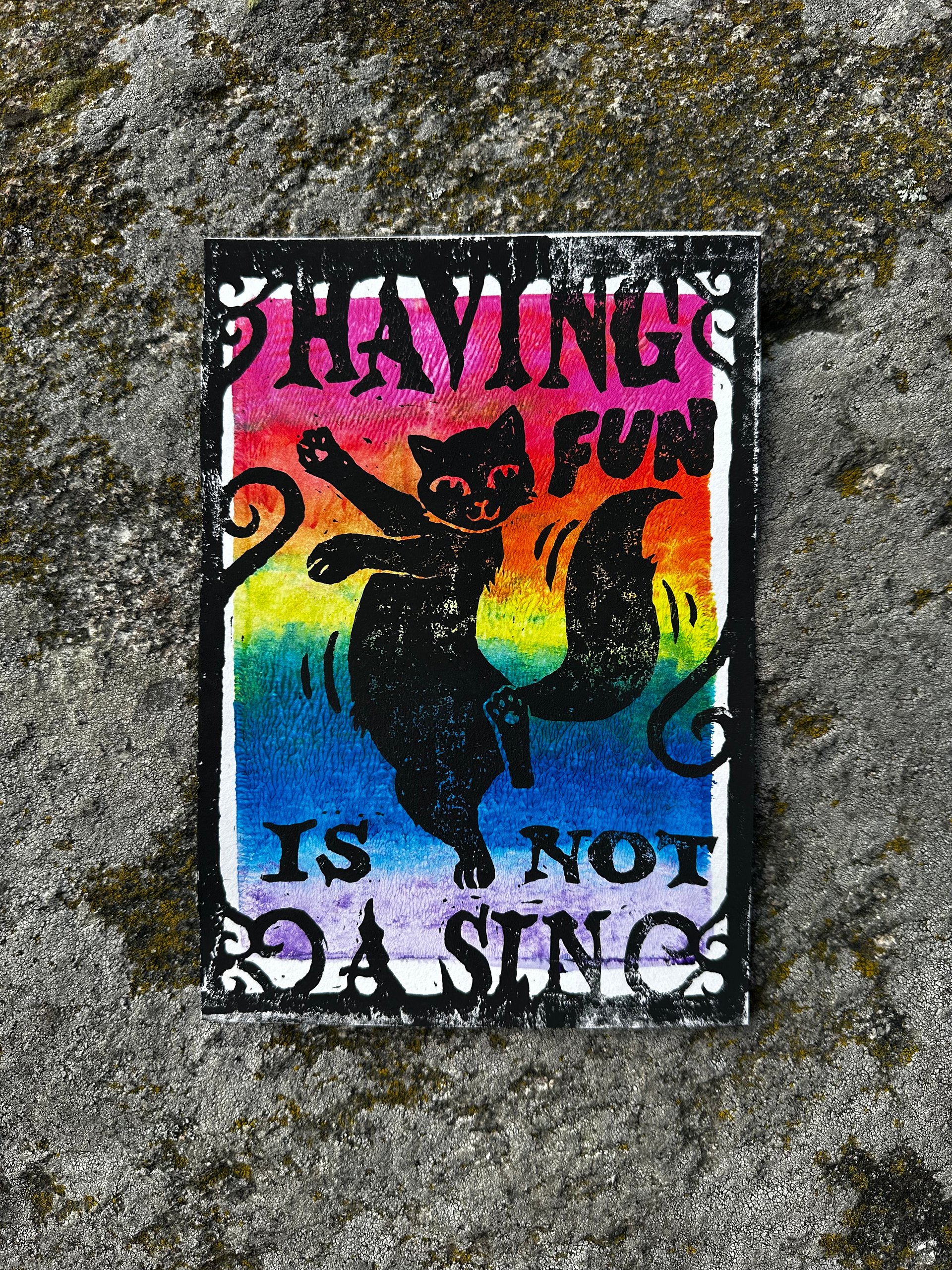 HAVING FUN IS NOT A SIN dancing cat original lino print (13) product image (1)
