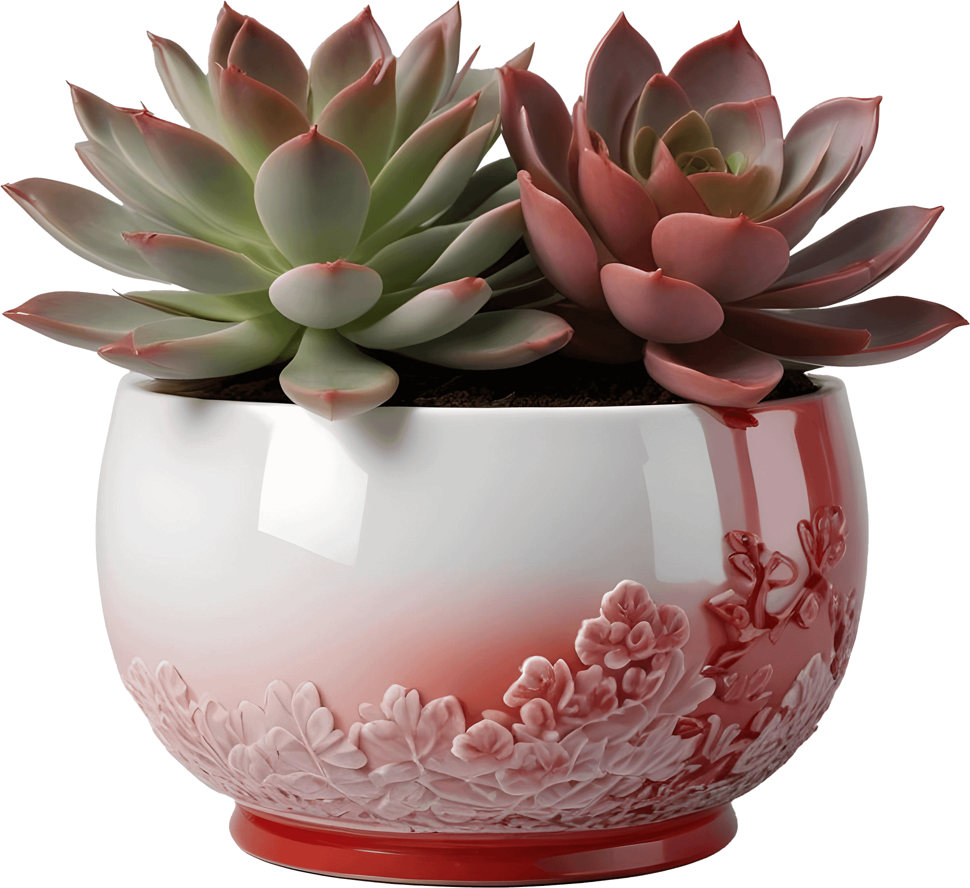 Chinese Porcelain Pot with Succulents – Red Gradient Floral Design PNG product image (1)