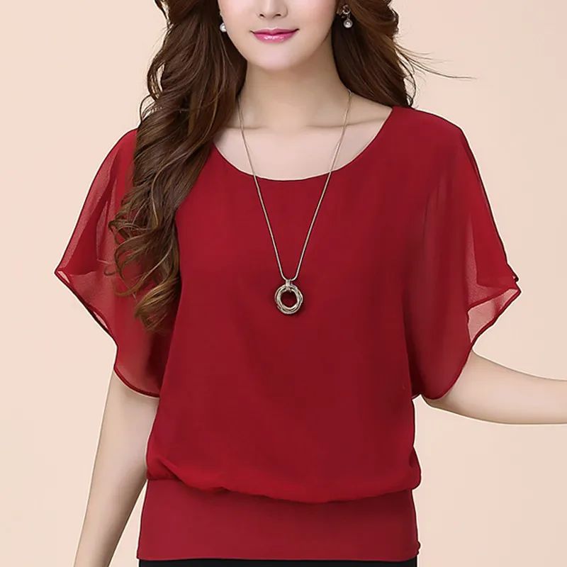 Women Batwing Short Sleeve Chiffon Shirt Summer Tops Loose Blouse Fall Polyester product image (4)