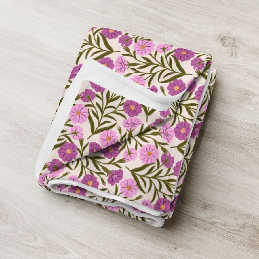 Corncockle Bouquet - Pink and Forest Green - Throw Blanket product image (7)