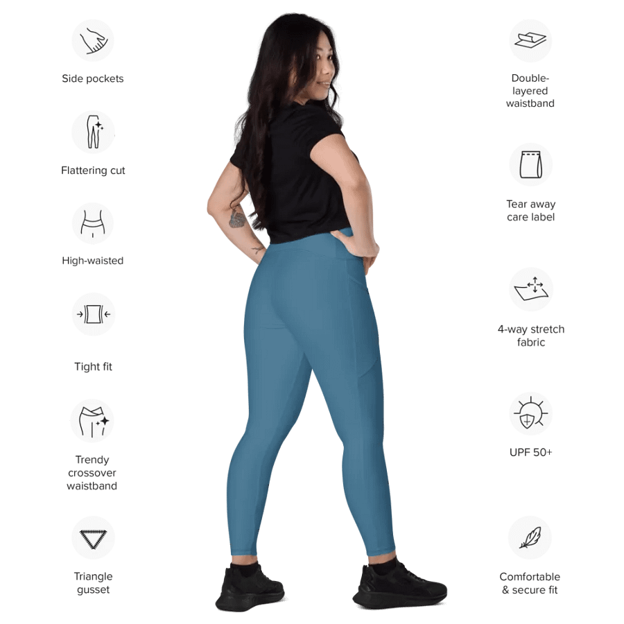 Plain Medium Blue True Summer Women's High Waisted Premium Crossover Leggings with Pockets by Treasure Pie product image (12)