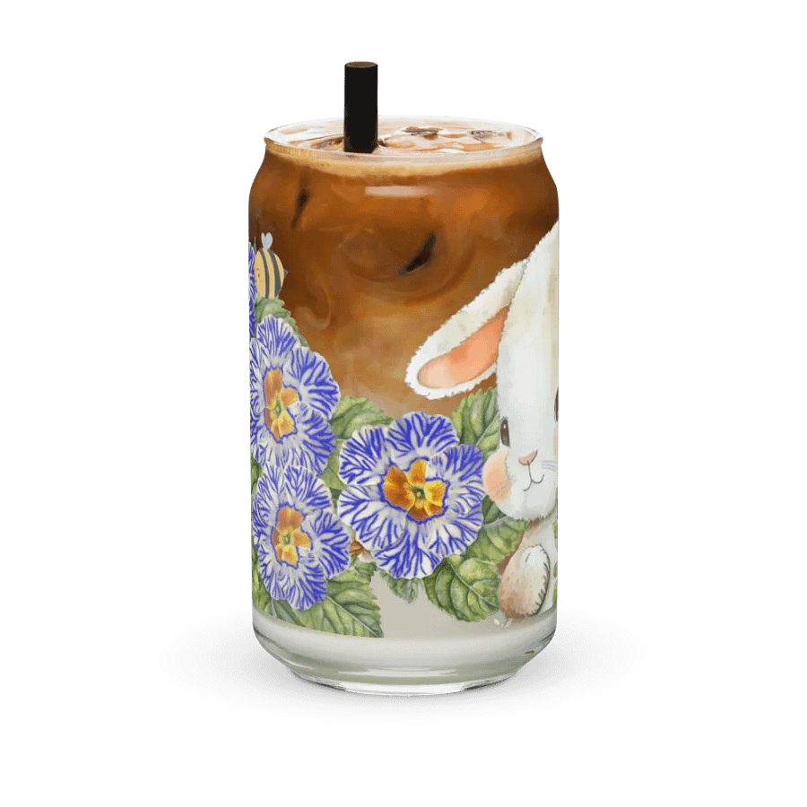 Garden Whispers: Bunny and the Primula Zebra Blues | 16oz Glass Can | Nature-Inspired Drinkware product image (6)