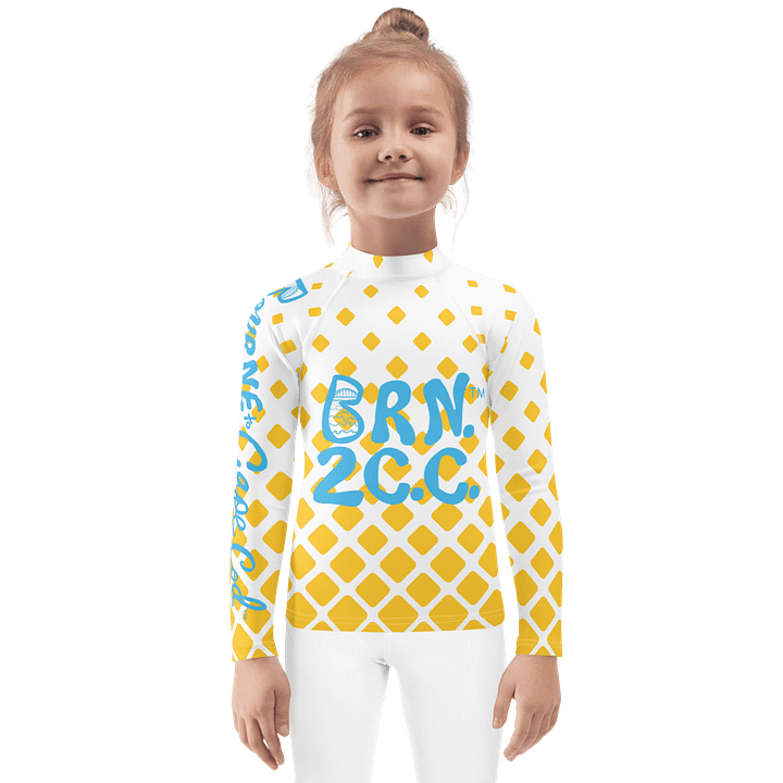 Girls' | Kids | Rash Guard | BRN.2C.C.™ Front Print | BOURNE to Cape Cod™ Back & Sleeve Logo | Coastal UV Shirt for Active Kids | Slim Fit Swim Top | Blue Logo on Retro Mod Yellow Diamonds product image (1)