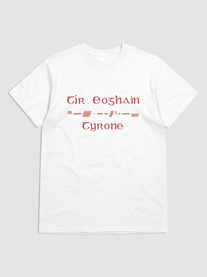 Tyrone/Tír Eoghain, Scholastic style Ogham, white printed T-shirt product image (1)