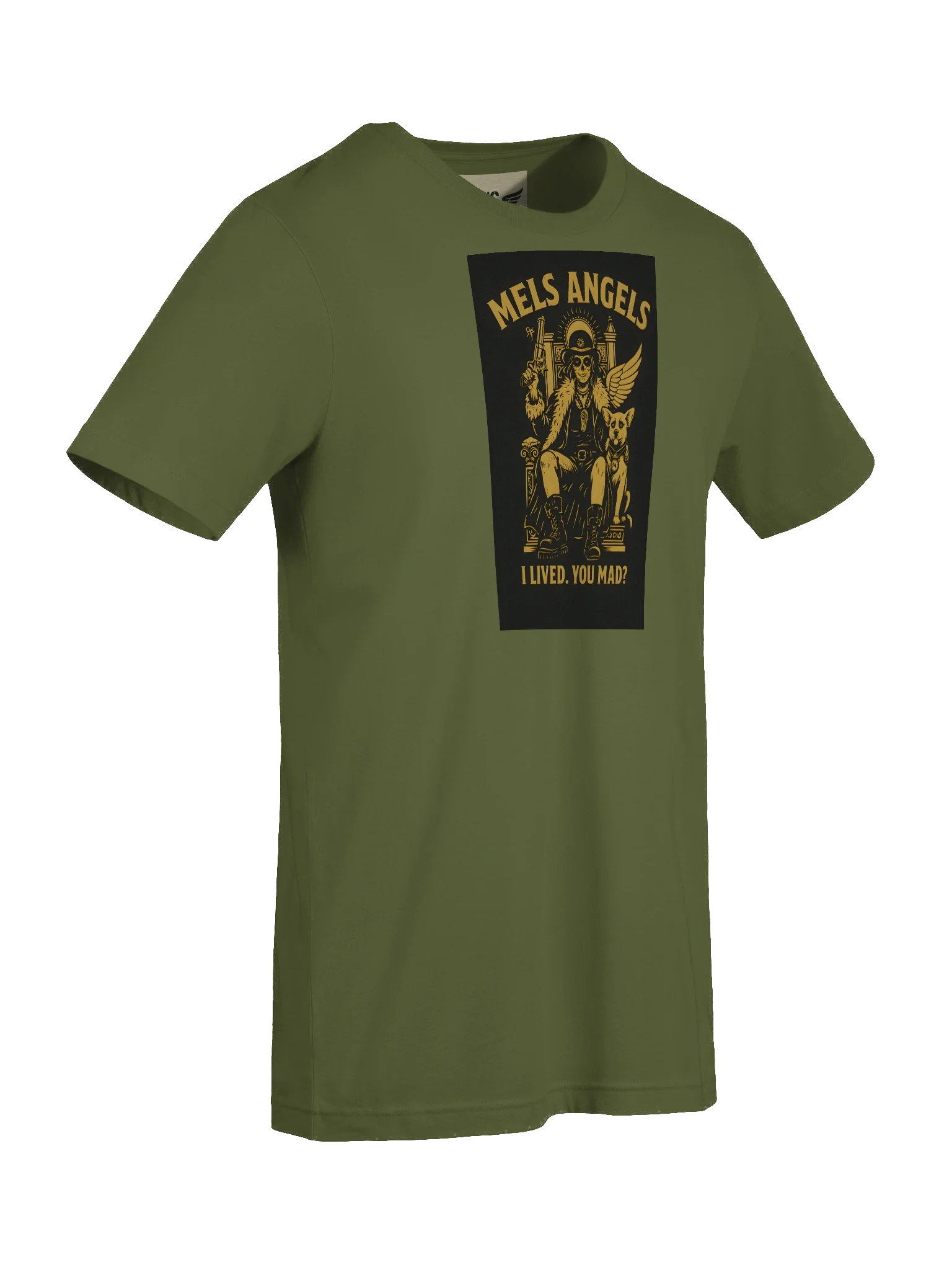 Mel’s Angels “I Lived. You Mad?” Olive T-Shirt – Bella+Canvas Unisex Graphic Tee, Rebel Dog Lover Apparel product image (5)