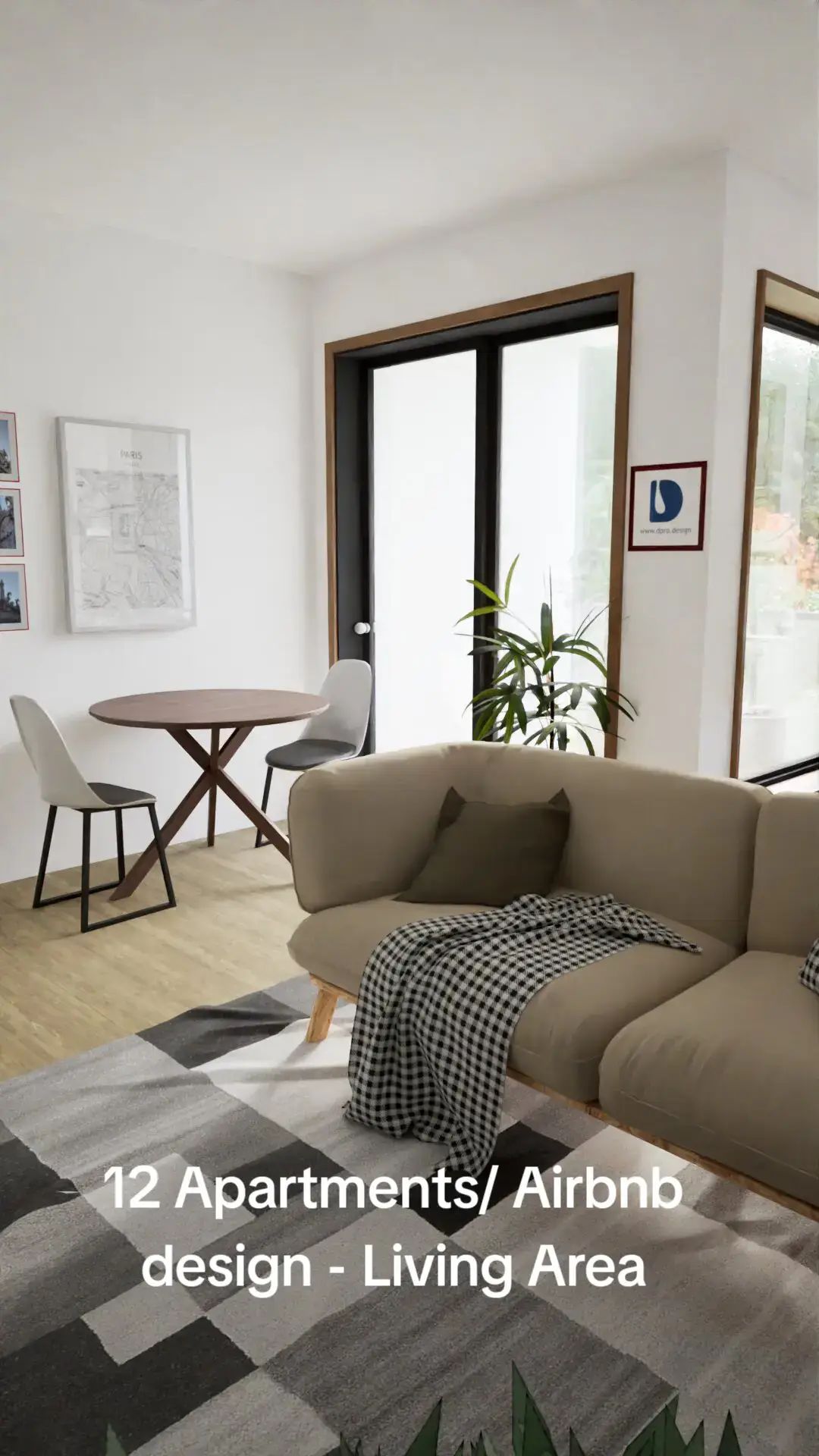 Interior of the 12 Apartments/ Airbnb design showing the - Living area, kitchen, bathroom and bedroom. Floor plans available for purchase and download. DM or WhatsApp us on +256754463676 or email hello@dpro.design for further details. #dprodesign #airbnb #whattowatch #beautifuldesign #architecture 