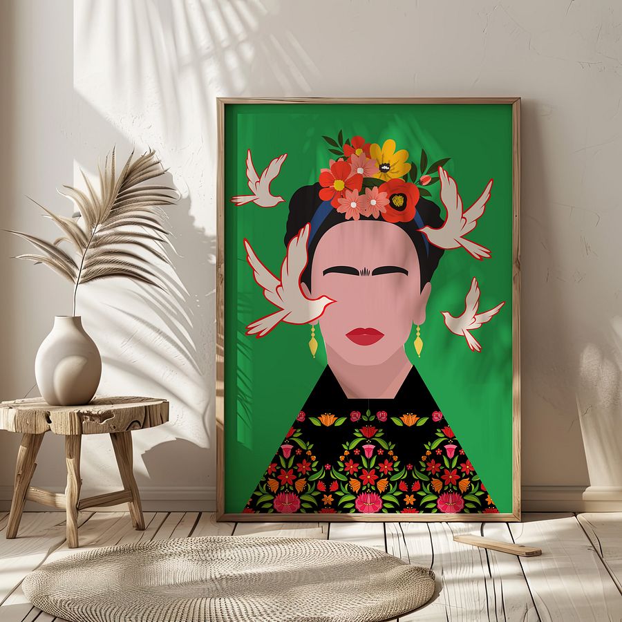 Frida Kahlo with Birds Folk Art Illustration Colorful Poster product image (2)