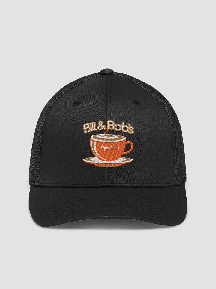 Bill & Bob's Coffee Shop Open 24/7 Trucker Hat, Orange Color Accent product image (1)