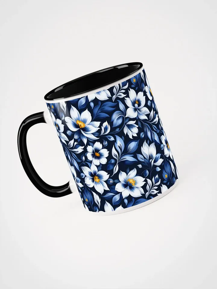 Coffee Mug with Color Inside - Floral Pattern in Blue and White on Dark Blue Background product image (2)