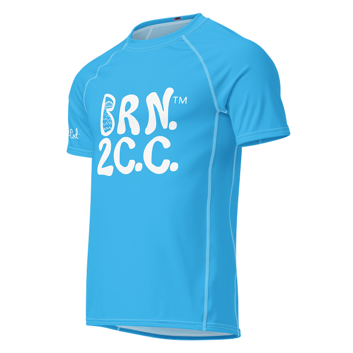 BRN.2C.C.™/BOURNE to Cape Cod™ | Men’s Performance Rash Guard | Recycled UPF 50+ Surf Shirt | White Logos on Deep Sky Blue product image (1)
