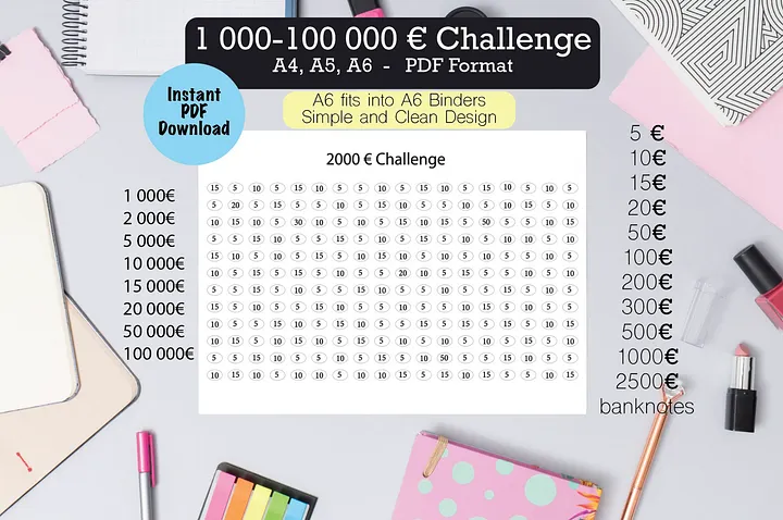 2000 Euro Challenge, 1000 Euro Challenge, Sparhilfe, Bundle, Sofortdruck, Sparchallenge, Instant Download Set, A5, A6 Planer Einlagen,Sparen product image (1)