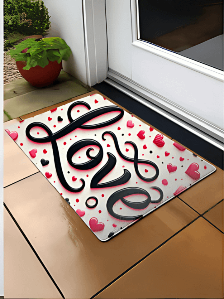 Valentine’s Day Sublimation Floor Mat – ‘Love’ Typography Surrounded by Hearts – 300 DPI PNG – Instant Download product image (1)