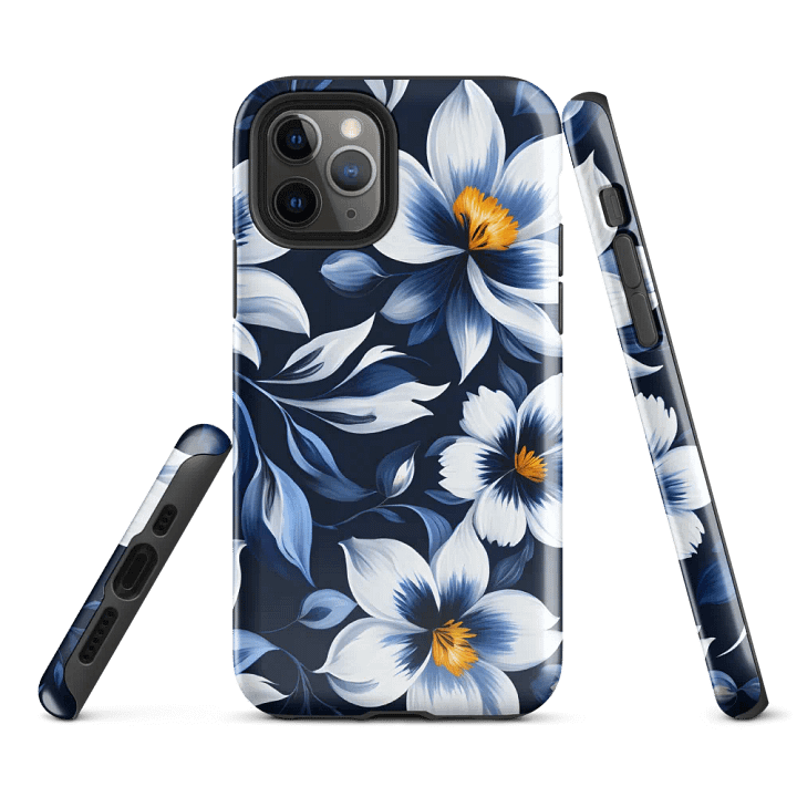 Tough Phone Case for iPhone® - Blue and White Flowers on a Dark Blue Background product image (1)