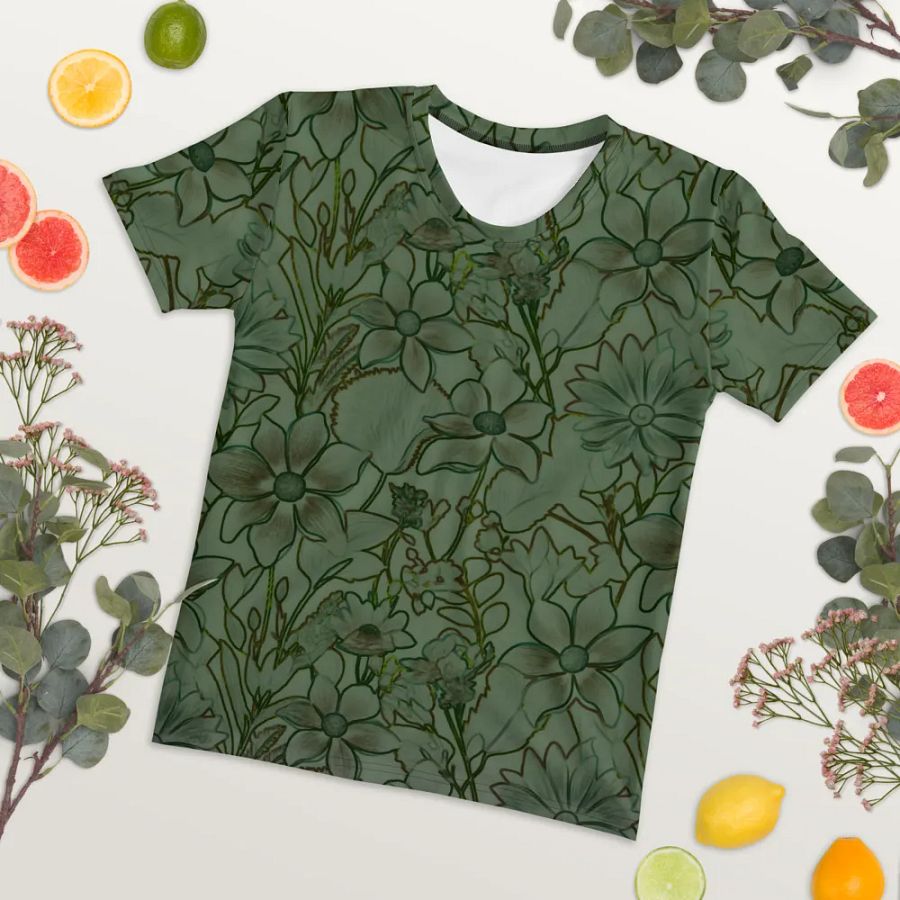 Line art Green and Dark green Floral/All-Over Print Women's Crew Neck T-Shirt by Sublicolor product image (4)