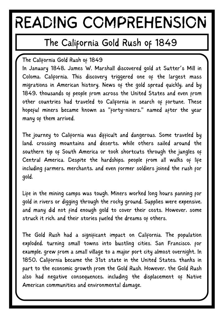 California Gold Rush 1849 Reading Comprehension Worksheet WITH 6 QUESTIONS PDF product image (2)