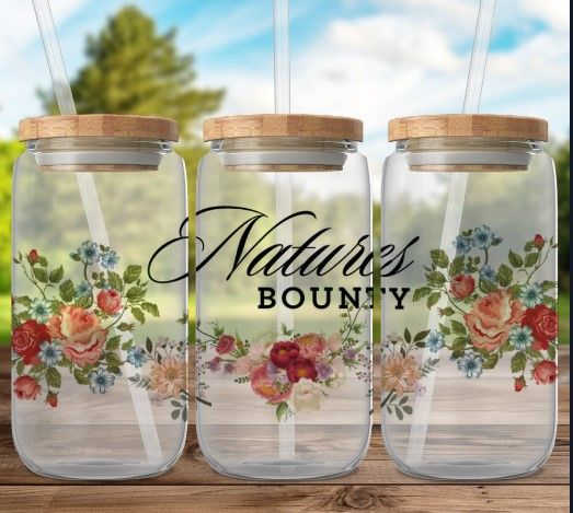 Nature's Bounty Floral Glass Jar - Eco-Friendly Drink Servers with Bamboo Lids product image (1)