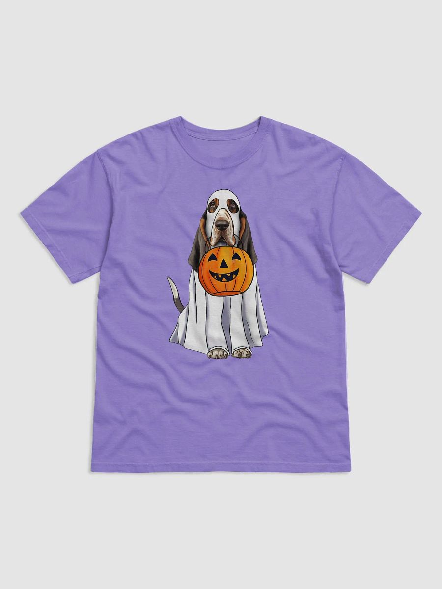 Basset Hound(Tricolor) Halloween Tee | Funny Halloween Basset Hound Wearing Ghost Costume with Pumpkin Basket product image (20)