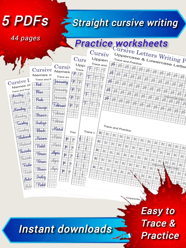 straight cursive handwriting practice worksheets | for kids, beginner and all age groups( 5 PDFs 42pages practice sheets) product image (1)