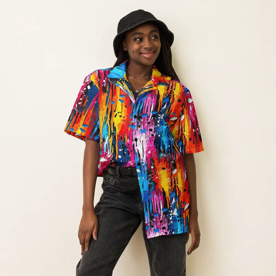 Custom Unisex Button Down Short Sleeve Shirt _ CoachShawStudio's Streetwear Collection_ Abstract Graffiti Art Mountain Blizzard _ Vibrant Colored Designer Shirt product image (6)