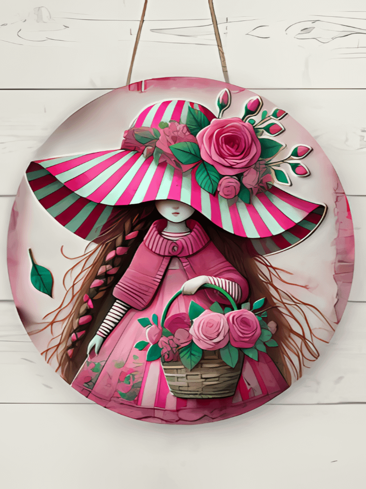 Little Girl with Flower Basket Valentine Door Hanger Sublimation Design – high-quality 300 DPI PNG digital download product image (1)